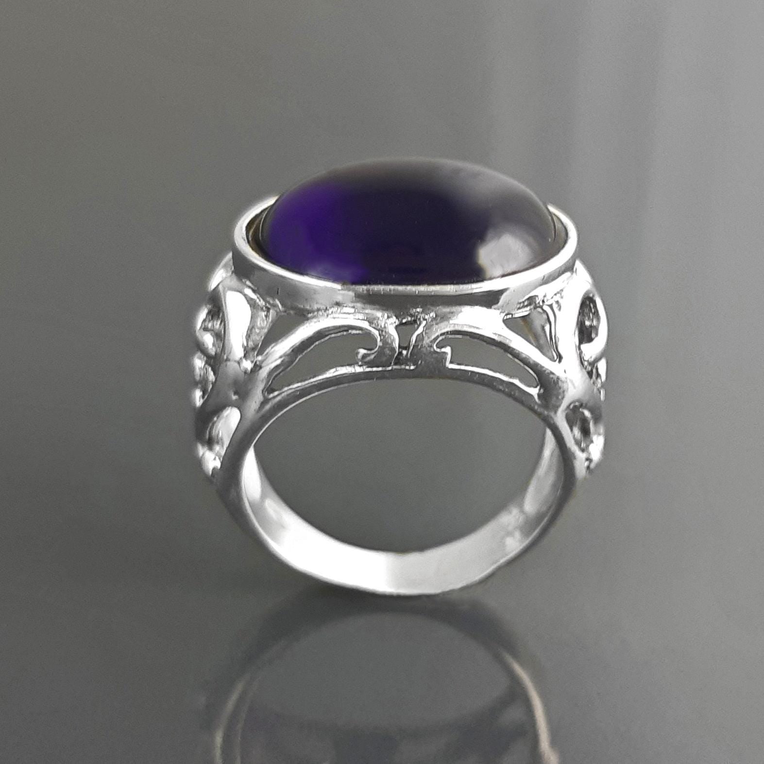 boho amethyst ring, sterling silver, genuine purple amethyst stone ring, vintage art nouveau jewelry art deco