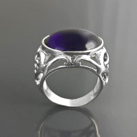 boho amethyst ring, sterling silver, genuine purple amethyst stone ring, vintage art nouveau jewelry art deco