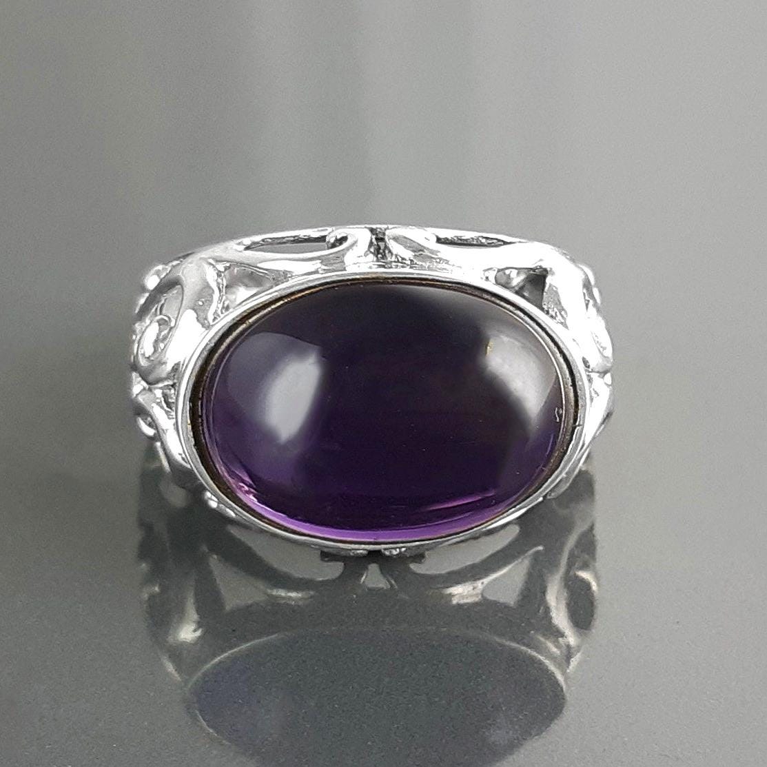 boho amethyst ring, sterling silver, genuine purple amethyst stone ring, vintage art nouveau jewelry art deco