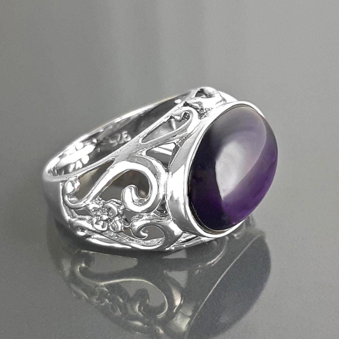 boho amethyst ring, sterling silver, genuine purple amethyst stone ring, vintage art nouveau jewelry art deco