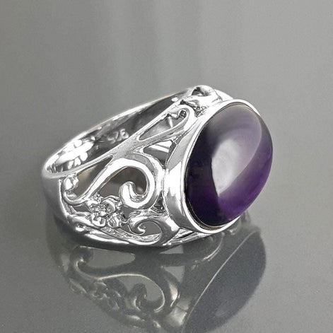 boho amethyst ring, sterling silver, genuine purple amethyst stone ring, vintage art nouveau jewelry art deco