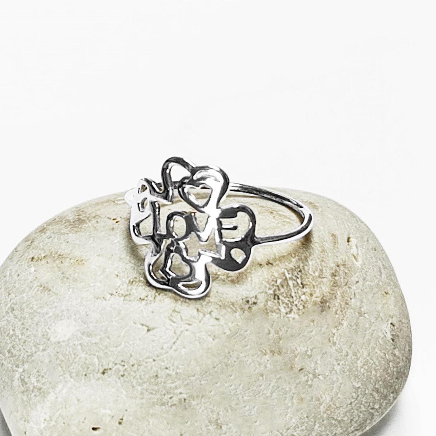 LOVE Clover Ring, Sterling Silver, Four Leaf Lucky Charm, Love Ring, Best Friends Ring, Girlfriend, Irish Saint Patrick Day Gift