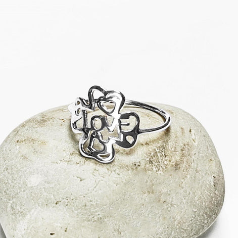 LOVE Clover Ring, Sterling Silver, Four Leaf Lucky Charm, Love Ring, Best Friends Ring, Girlfriend, Irish Saint Patrick Day Gift