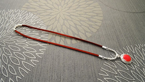 Women's Leather Necklace 925 Silver Bohemian Choker Red Stone Pendant Handmade Jewelry