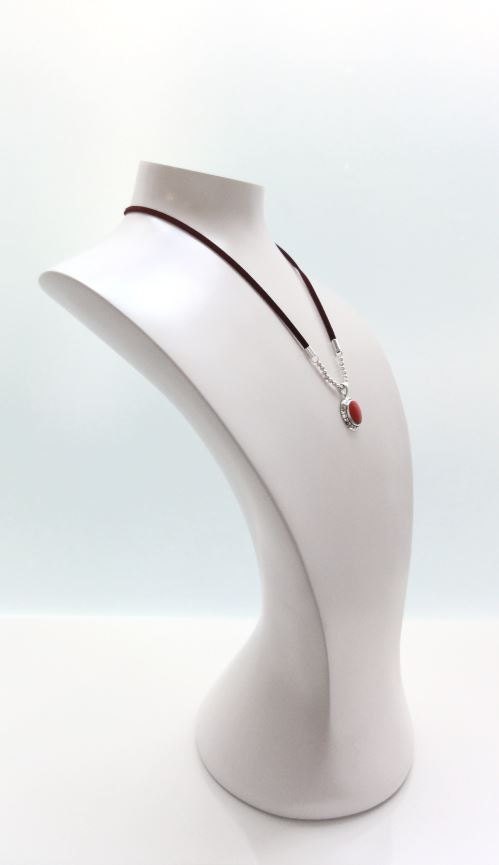 Women's Leather Necklace 925 Silver Bohemian Choker Red Stone Pendant Handmade Jewelry