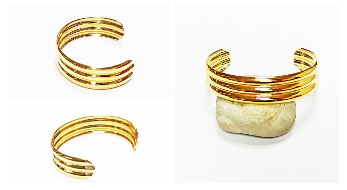 Triple Row Gold Cuff • 18K Gold Filled • Modern Stacked Three Rows Band Lines Open Bangle • Statement Minimalist Jewelry • Gift for Women