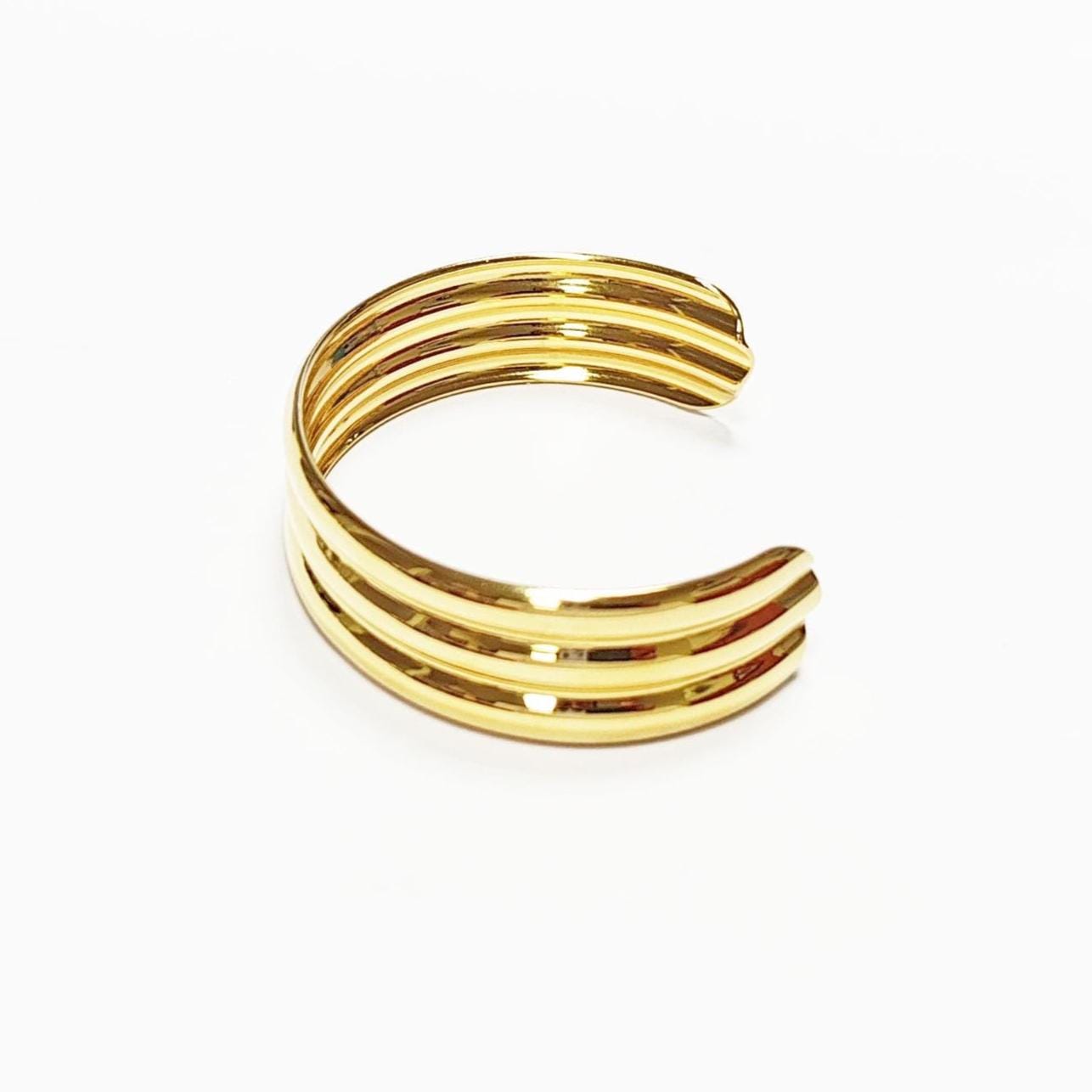Triple Row Gold Cuff • 18K Gold Filled • Modern Stacked Three Rows Band Lines Open Bangle • Statement Minimalist Jewelry • Gift for Women