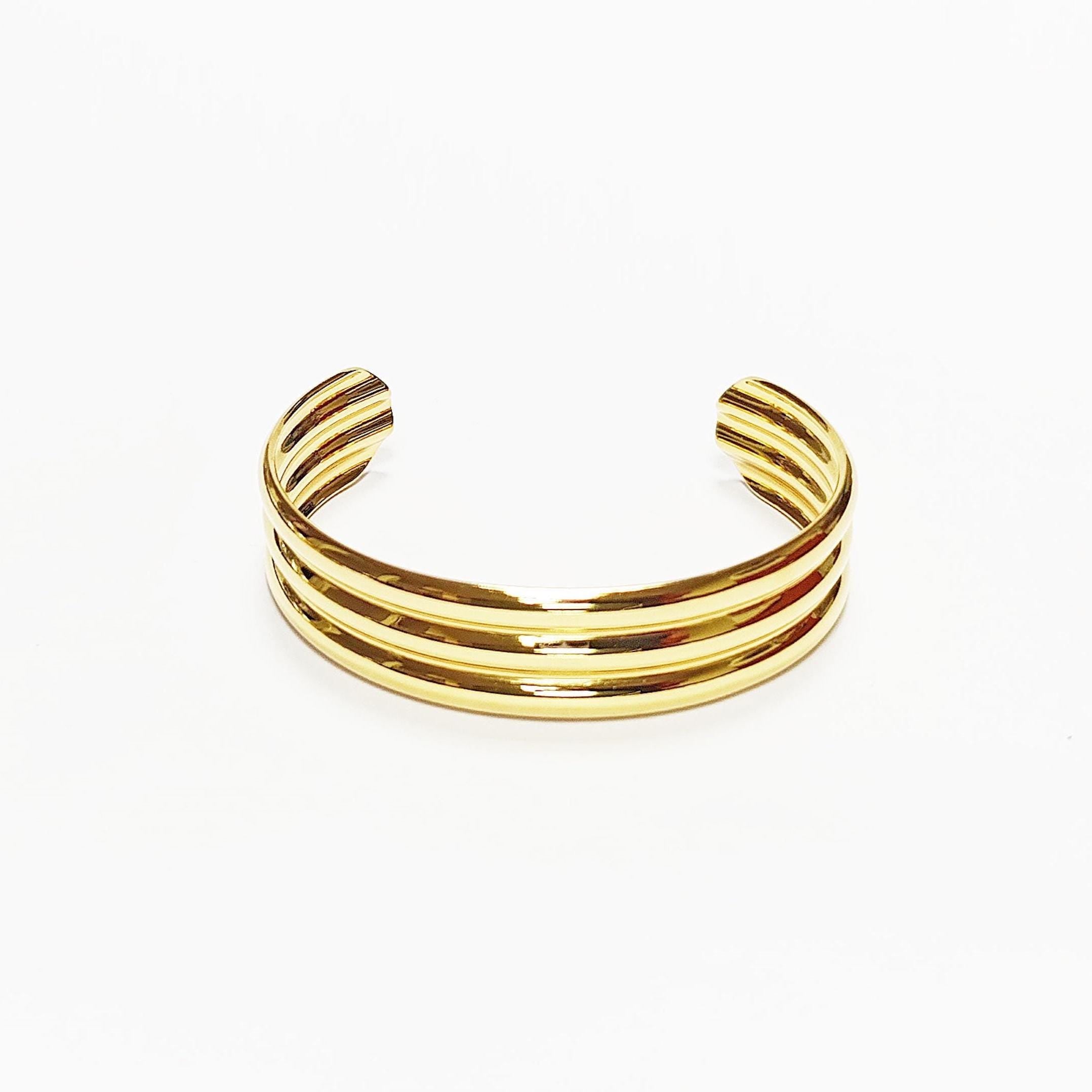 Triple Row Gold Cuff • 18K Gold Filled • Modern Stacked Three Rows Band Lines Open Bangle • Statement Minimalist Jewelry • Gift for Women