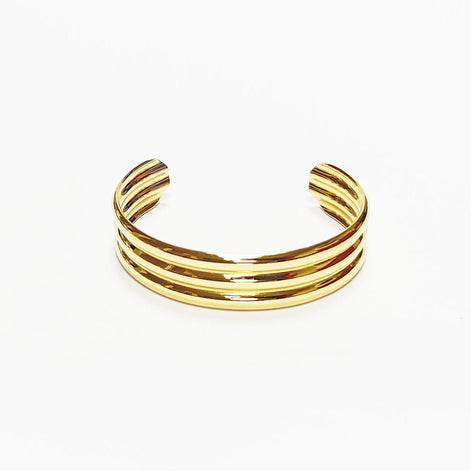 Triple Row Gold Cuff • 18K Gold Filled • Modern Stacked Three Rows Band Lines Open Bangle • Statement Minimalist Jewelry • Gift for Women