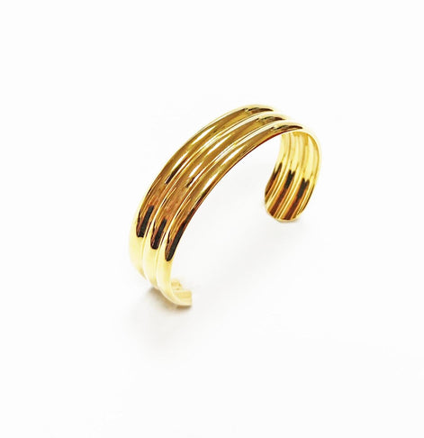 Triple Row Gold Cuff • 18K Gold Filled • Modern Stacked Three Rows Band Lines Open Bangle • Statement Minimalist Jewelry • Gift for Women