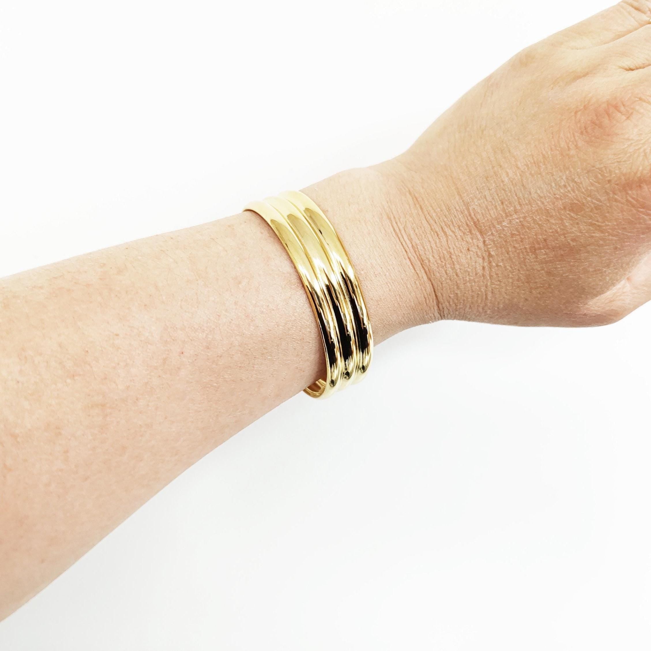 Triple Row Gold Cuff • 18K Gold Filled • Modern Stacked Three Rows Band Lines Open Bangle • Statement Minimalist Jewelry • Gift for Women