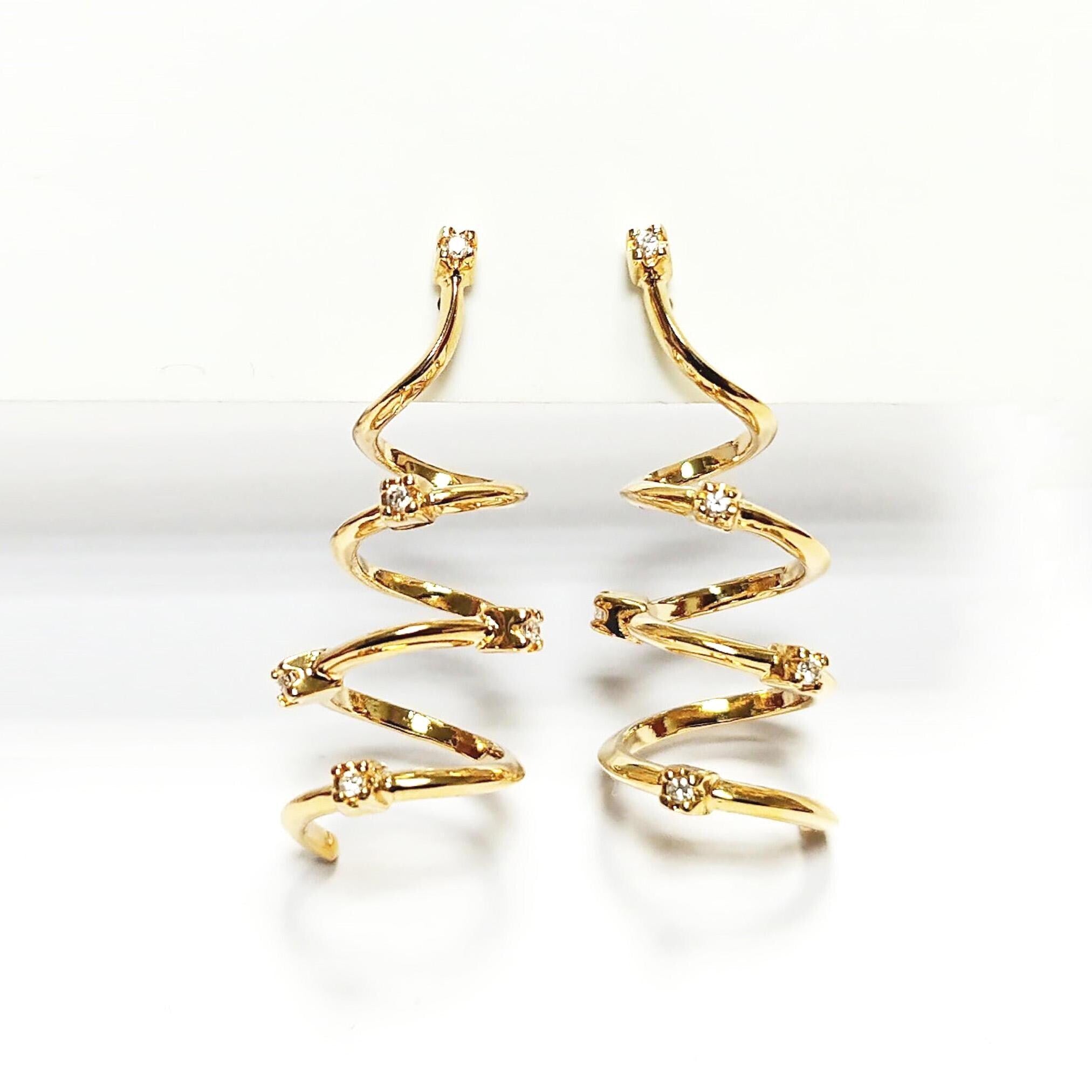 Drop Spiral earrings with 18K gold plated and Set with Diamond cut Cz Stones, Long Spiral, Long Dangle Swirl Golden Pendant earrings