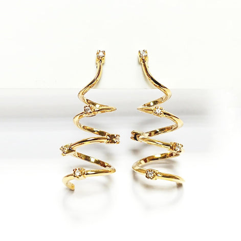 Drop Spiral earrings with 18K gold plated and Set with Diamond cut Cz Stones, Long Spiral, Long Dangle Swirl Golden Pendant earrings