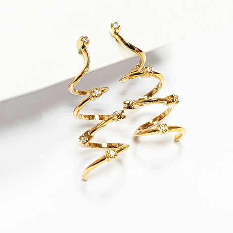 Drop Spiral earrings with 18K gold plated and Set with Diamond cut Cz Stones, Long Spiral, Long Dangle Swirl Golden Pendant earrings