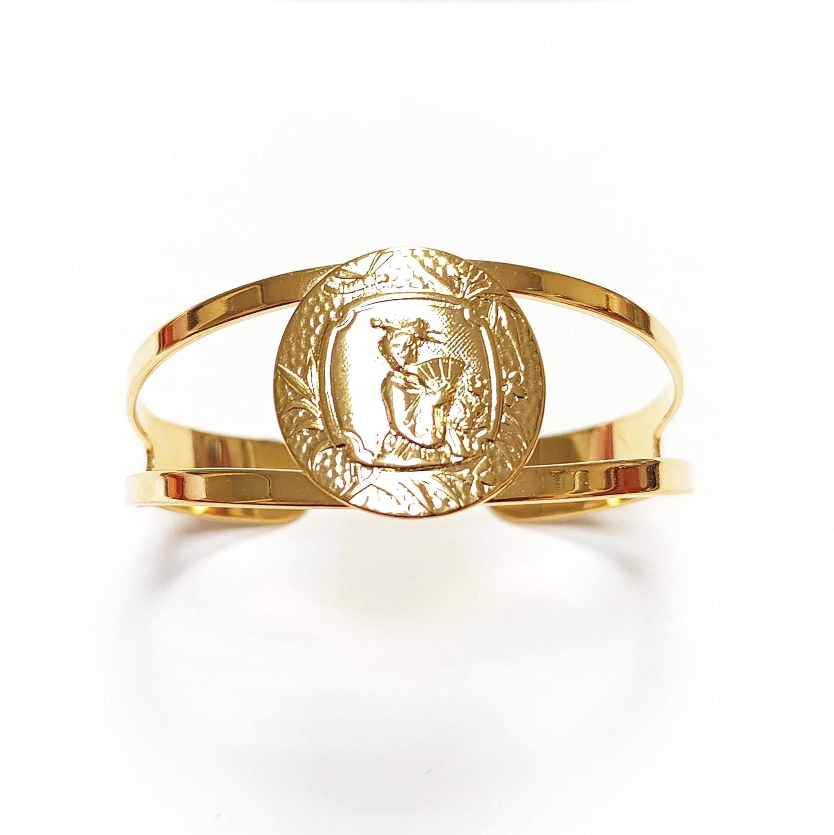 Japanese Art Deco Cuff Bracelet • 18K Gold Plated Open Bangle with Intricate Oriental Patterns Jewelry • Asian Antique Inspired Gift for Her