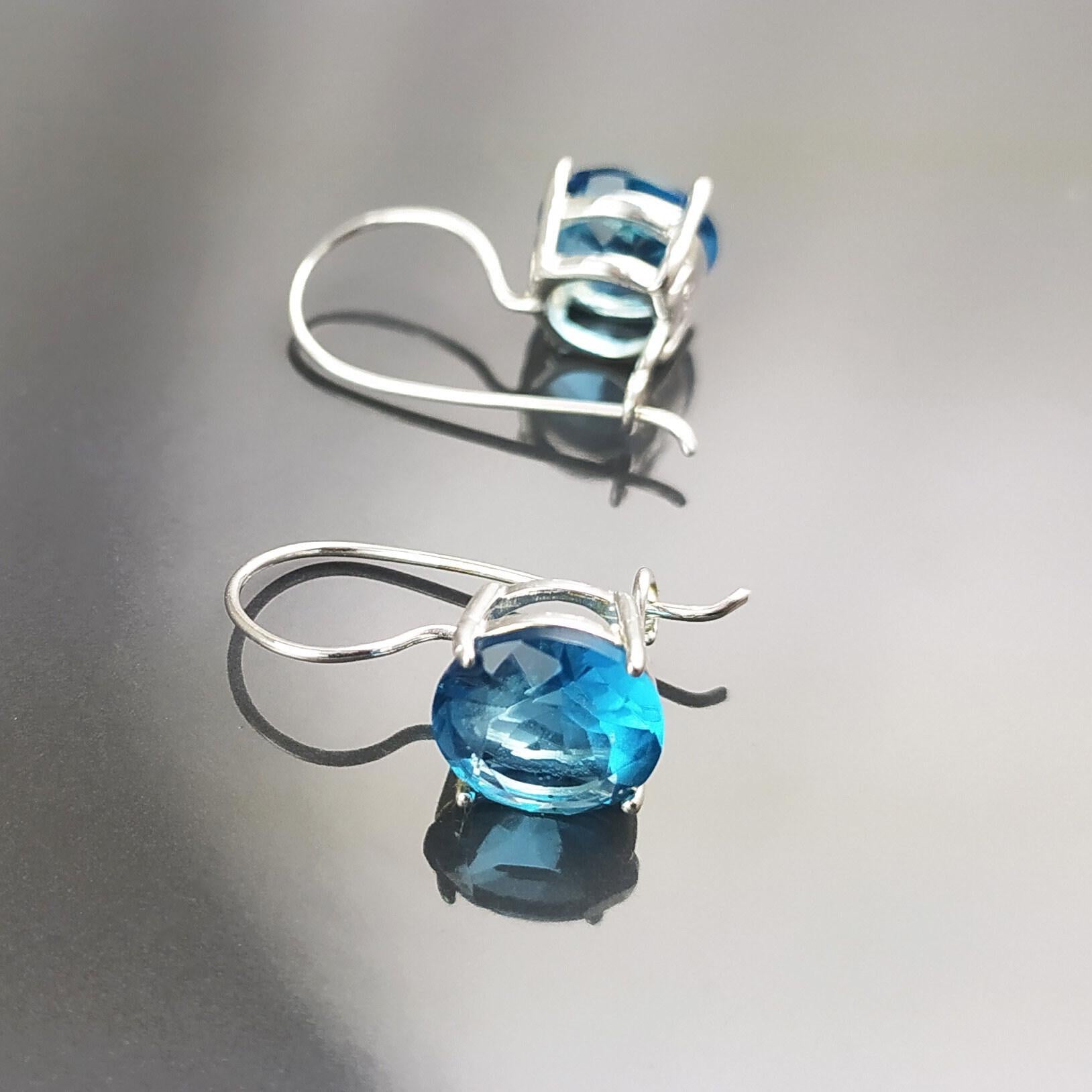 Stone 10mm Clear BLUE Stone Hook Earrings, Sterling Silver, 925 Earrings, Crocheted Earrings, Closed Crocheted Earrings, Blue Glass Stone