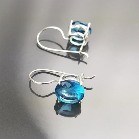 Stone 10mm Clear BLUE Stone Hook Earrings, Sterling Silver, 925 Earrings, Crocheted Earrings, Closed Crocheted Earrings, Blue Glass Stone