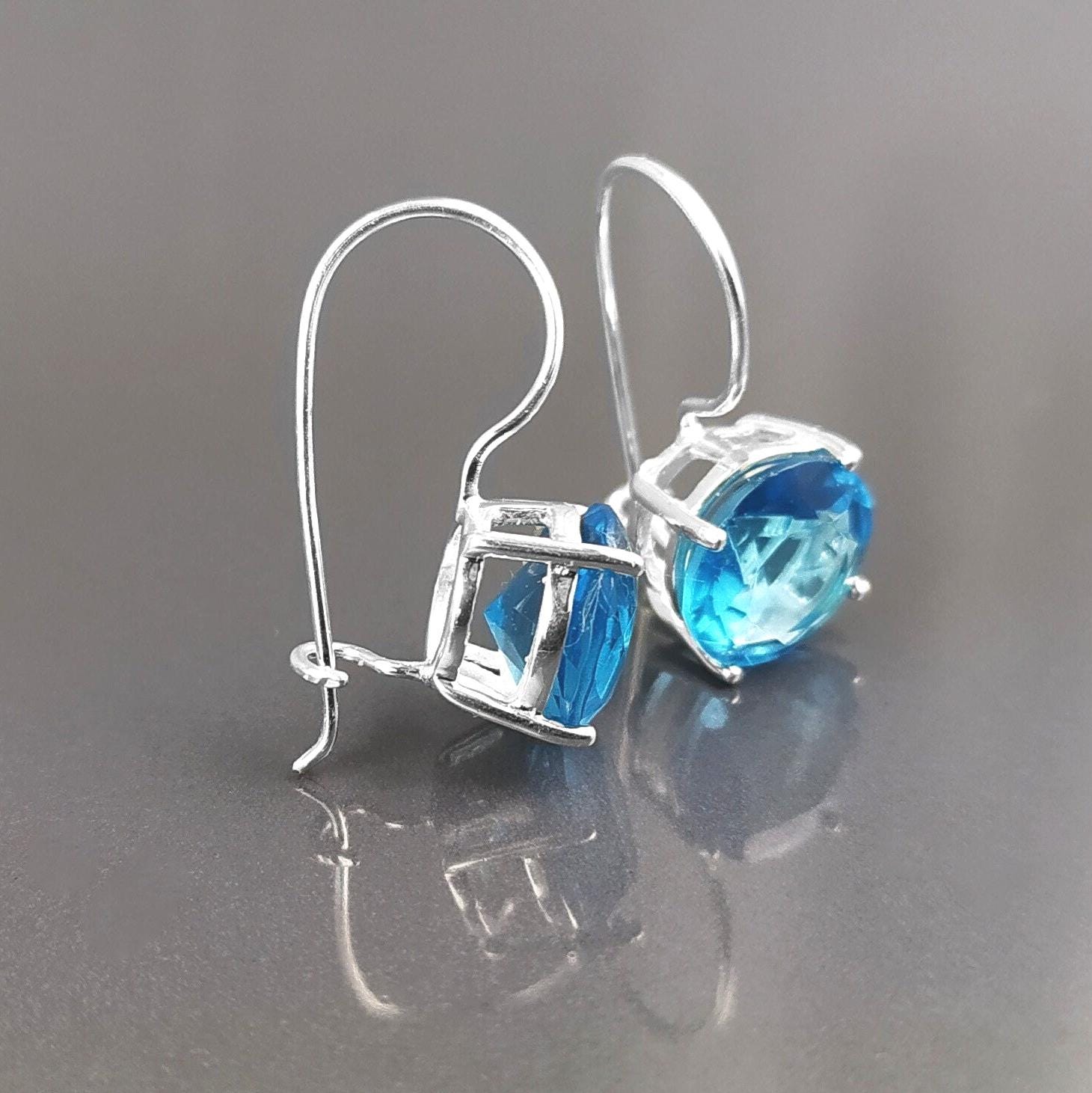 Stone 10mm Clear BLUE Stone Hook Earrings, Sterling Silver, 925 Earrings, Crocheted Earrings, Closed Crocheted Earrings, Blue Glass Stone