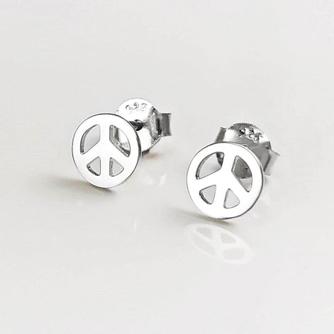 Sterling Silver Peace Love Stud Earrings, Boho Hipster Icon 70's Jewelry