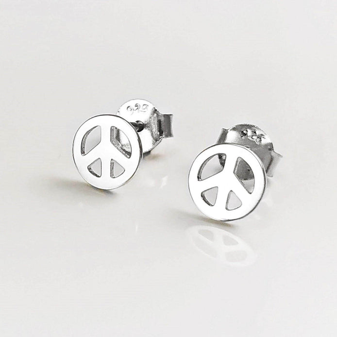 Sterling Silver Peace Love Stud Earrings, Boho Hipster Icon 70's Jewelry