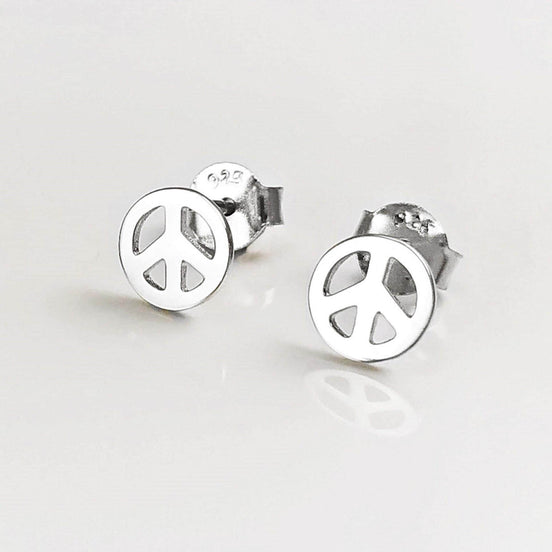 Sterling Silver Peace Love Stud Earrings, Boho Hipster Icon 70's Jewelry