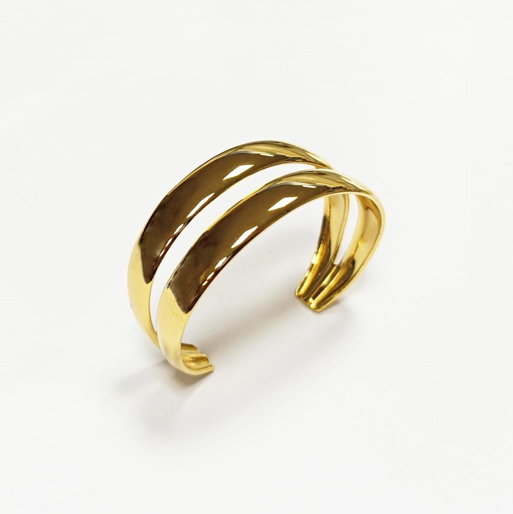 Double Row Gold Cuff • 18K Gold Filled • Modern Stacked Two Rows Band Lines Open Bangle • Statement Minimalist Jewelry • Gift for Women