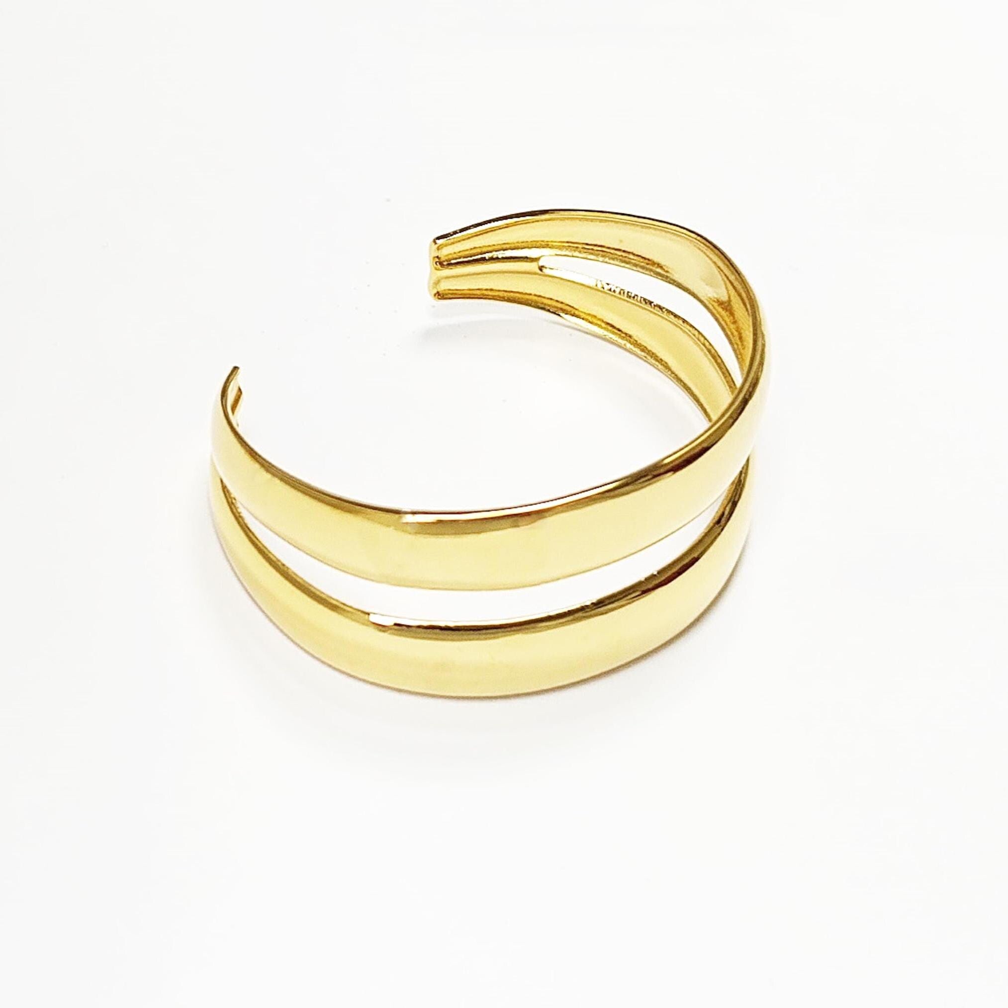 Double Row Gold Cuff • 18K Gold Filled • Modern Stacked Two Rows Band Lines Open Bangle • Statement Minimalist Jewelry • Gift for Women