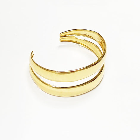 Double Row Gold Cuff • 18K Gold Filled • Modern Stacked Two Rows Band Lines Open Bangle • Statement Minimalist Jewelry • Gift for Women