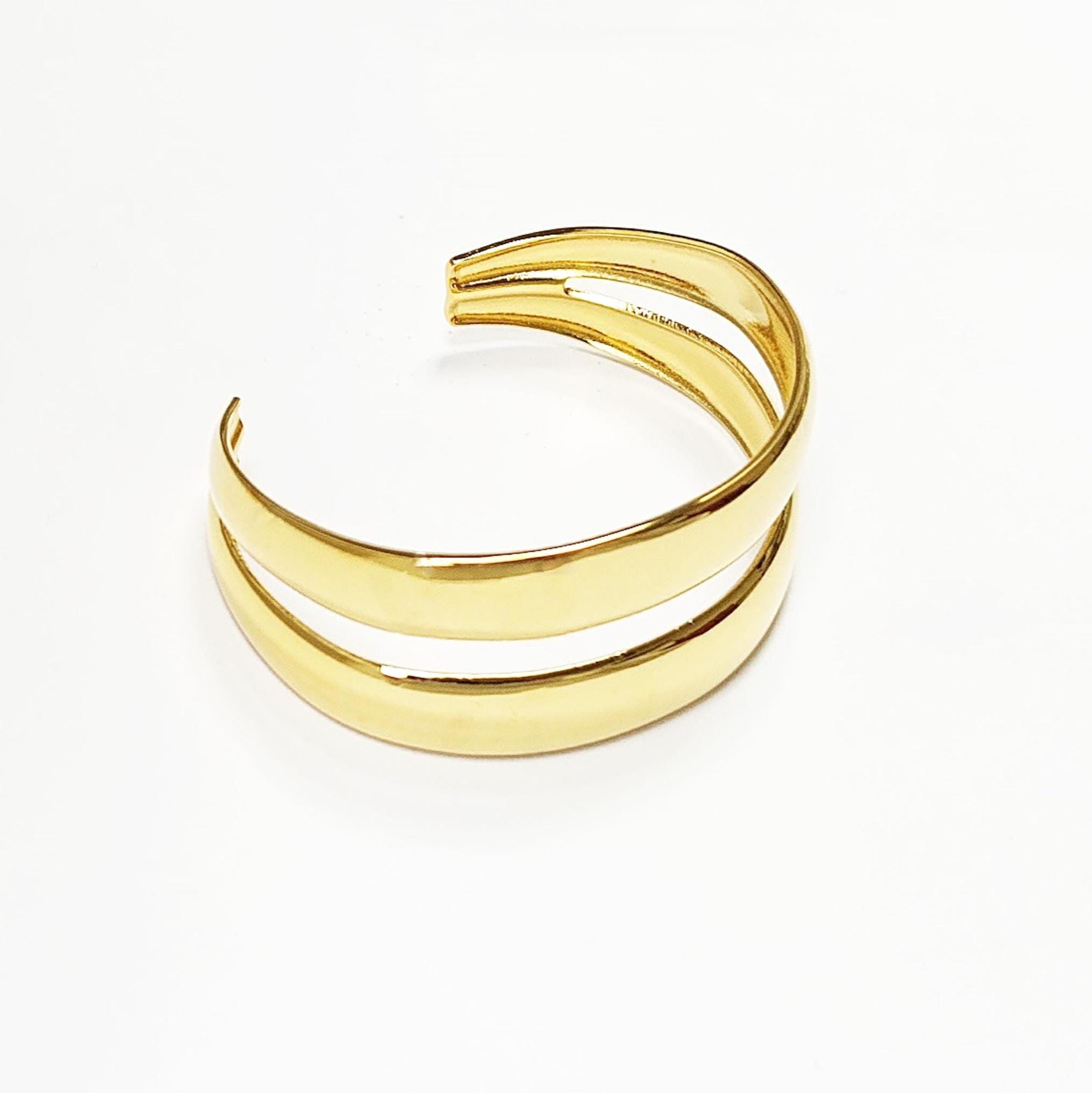 Double Row Gold Cuff • 18K Gold Filled • Modern Stacked Two Rows Band Lines Open Bangle • Statement Minimalist Jewelry • Gift for Women