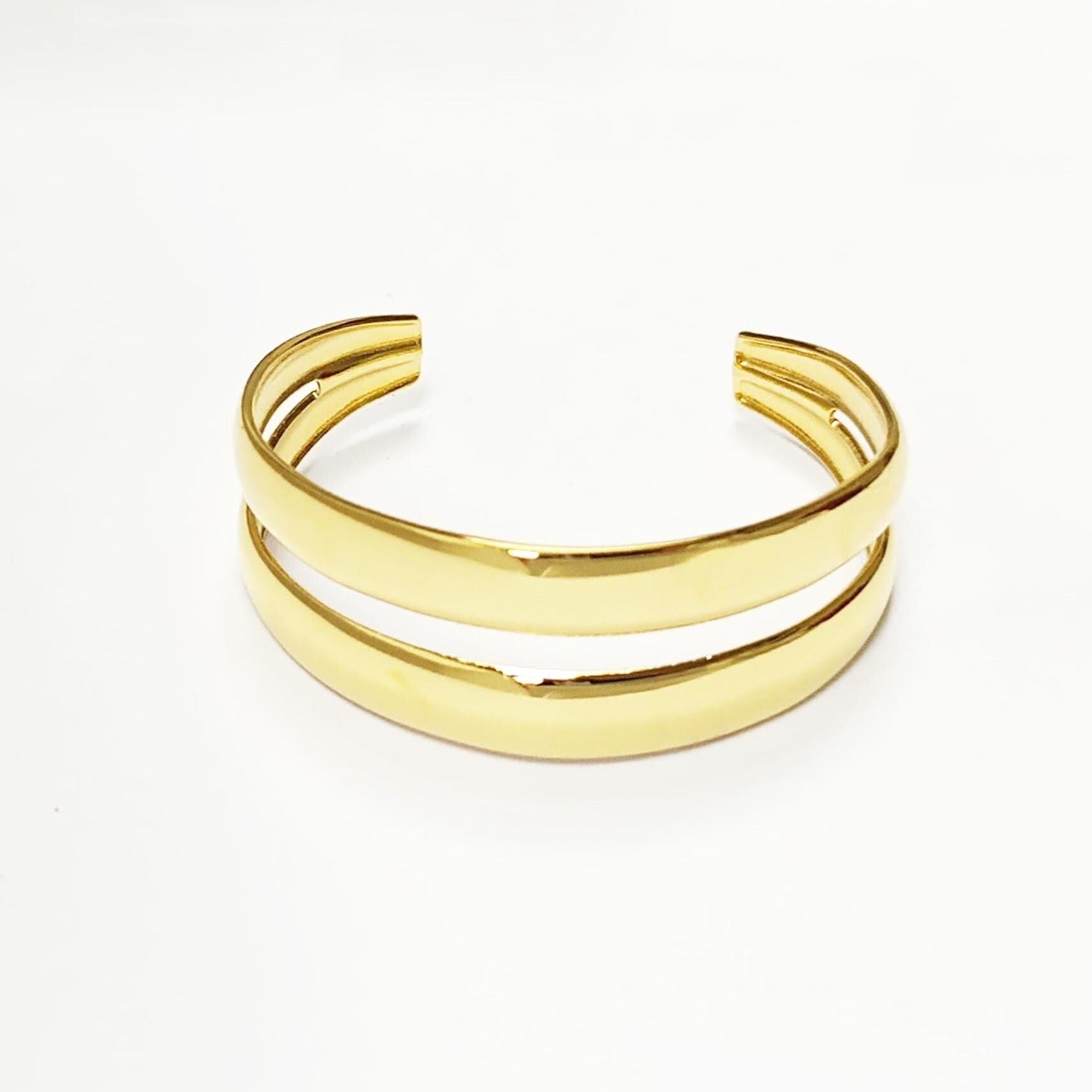 Double Row Gold Cuff • 18K Gold Filled • Modern Stacked Two Rows Band Lines Open Bangle • Statement Minimalist Jewelry • Gift for Women