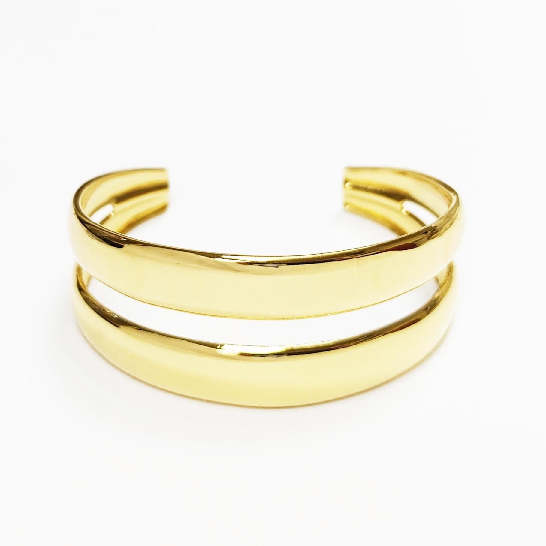 Double Row Gold Cuff • 18K Gold Filled • Modern Stacked Two Rows Band Lines Open Bangle • Statement Minimalist Jewelry • Gift for Women