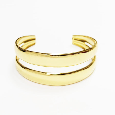 Double Row Gold Cuff • 18K Gold Filled • Modern Stacked Two Rows Band Lines Open Bangle • Statement Minimalist Jewelry • Gift for Women