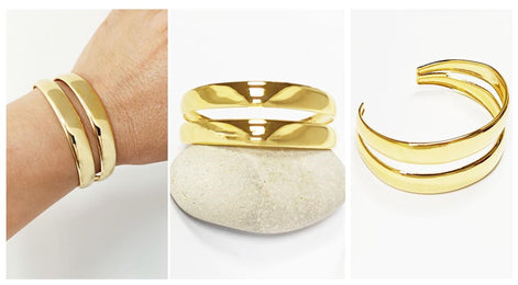 Double Row Gold Cuff • 18K Gold Filled • Modern Stacked Two Rows Band Lines Open Bangle • Statement Minimalist Jewelry • Gift for Women