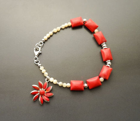 Red Stone Silver Bracelet, Fashion Bracelet, Sterling Silver Red Stones, Genuine White Round Shell Pearls, Red Agater Stone Flower Charm