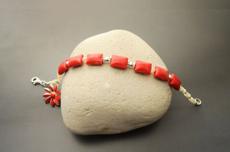 Red Stone Silver Bracelet, Fashion Bracelet, Sterling Silver Red Stones, Genuine White Round Shell Pearls, Red Agater Stone Flower Charm