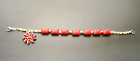 Red Stone Silver Bracelet, Fashion Bracelet, Sterling Silver Red Stones, Genuine White Round Shell Pearls, Red Agater Stone Flower Charm
