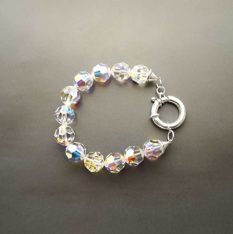 Crystal Bracelet, Rainbow Borealis Reflections Crystal Beaded Bracelet, 10mm Stone Beads balls Jewelry, Sterling Silver Spring Ring Clasp