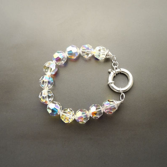 Crystal Bracelet, Rainbow Borealis Reflections Crystal Beaded Bracelet, 10mm Stone Beads balls Jewelry, Sterling Silver Spring Ring Clasp
