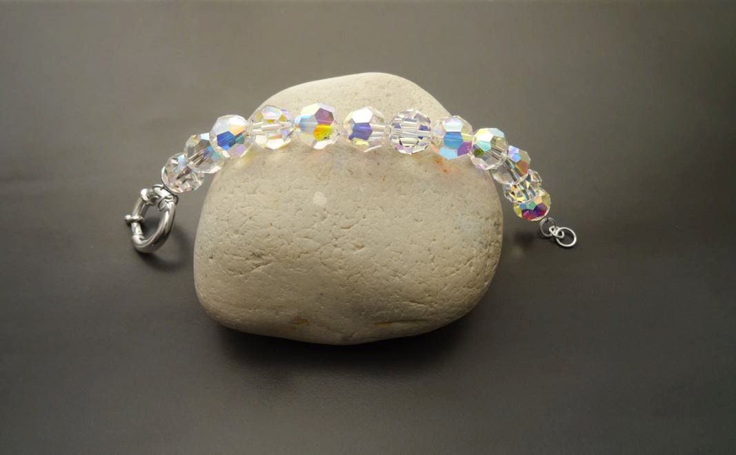 Crystal Bracelet, Rainbow Borealis Reflections Crystal Beaded Bracelet, 10mm Stone Beads balls Jewelry, Sterling Silver Spring Ring Clasp