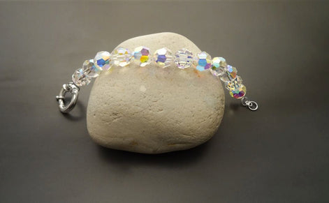 Crystal Bracelet, Rainbow Borealis Reflections Crystal Beaded Bracelet, 10mm Stone Beads balls Jewelry, Sterling Silver Spring Ring Clasp
