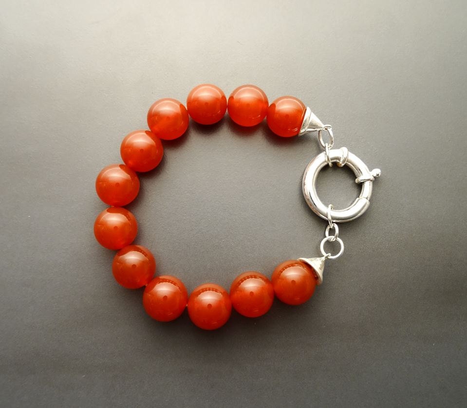 Red Stone Bracelet, Sterling Silver Clasp, Red Agate Stones, Beaded Ball Bracelet, 10 mm diameter balls, Women Round Bracelet.