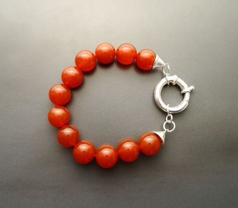 Red Stone Bracelet, Sterling Silver Clasp, Red Agate Stones, Beaded Ball Bracelet, 10 mm diameter balls, Women Round Bracelet.