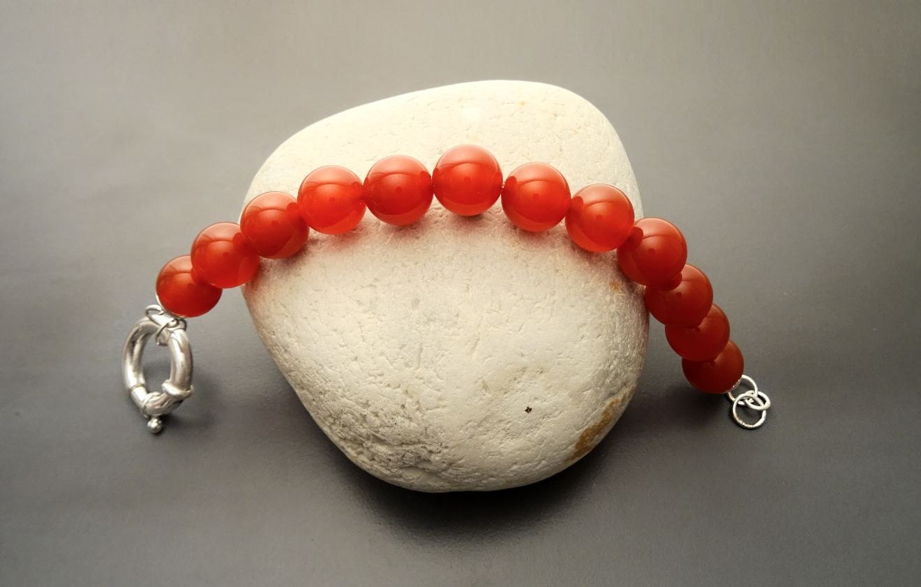 Red Stone Bracelet, Sterling Silver Clasp, Red Agate Stones, Beaded Ball Bracelet, 10 mm diameter balls, Women Round Bracelet.