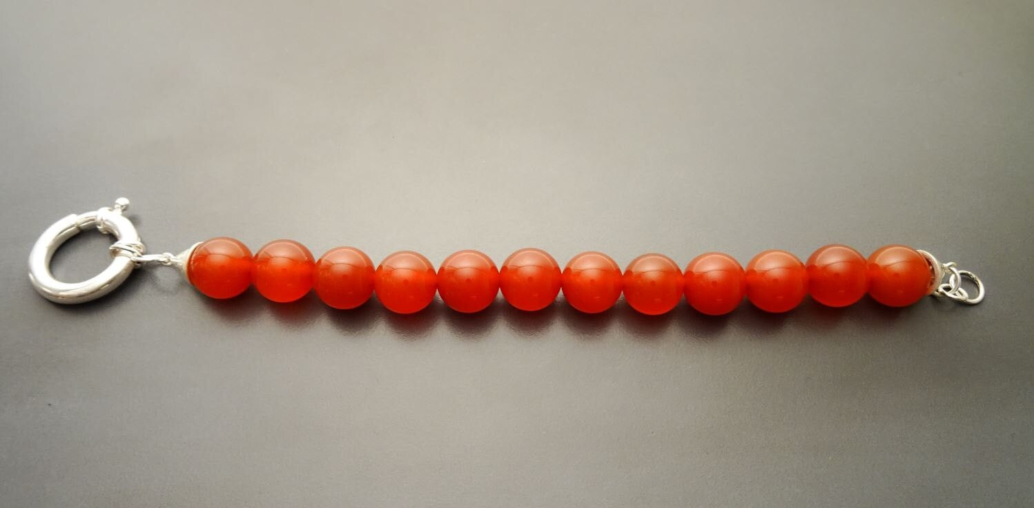 Red Stone Bracelet, Sterling Silver Clasp, Red Agate Stones, Beaded Ball Bracelet, 10 mm diameter balls, Women Round Bracelet.