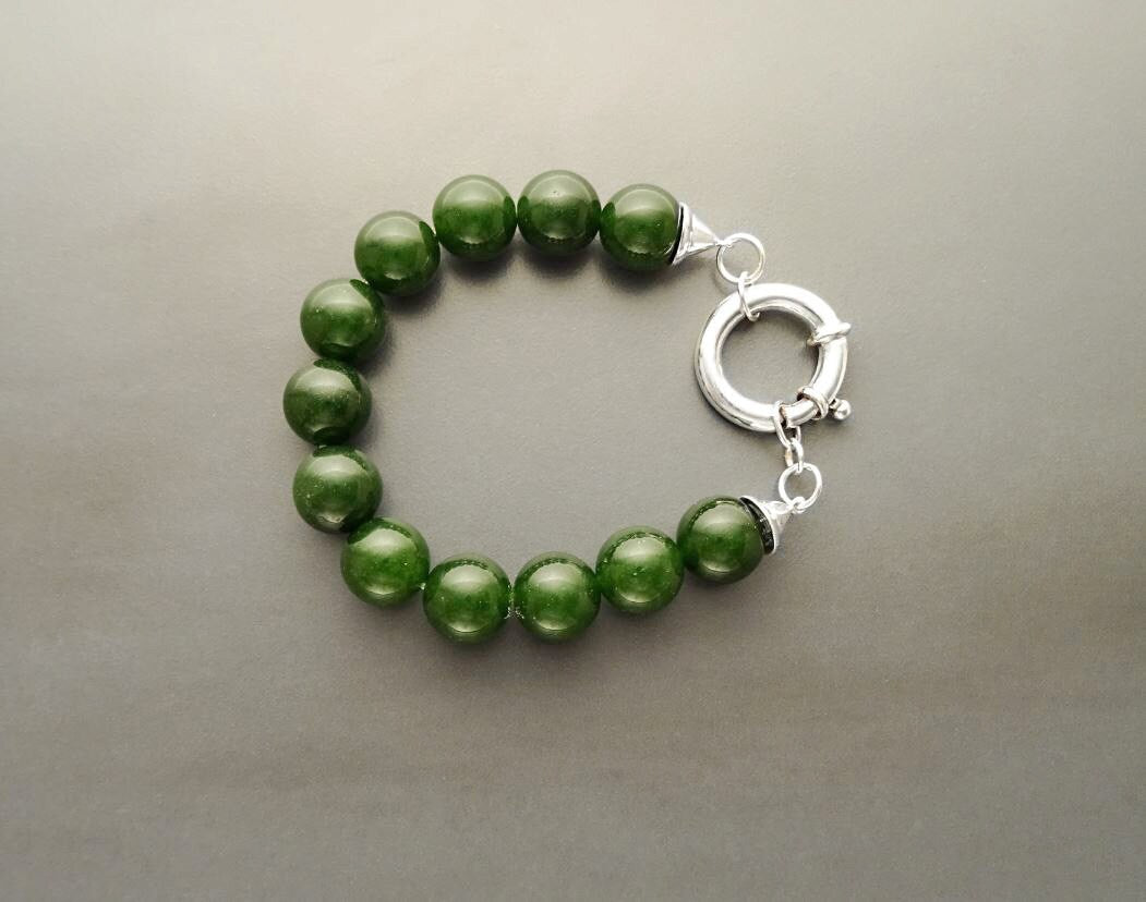 Big Green Agate Ball Bracelet, Sterling Silver Spring Clasp, Genuine Green Agate Stones Balls Beads, Gemstone Beaded 10mm Diameter Green