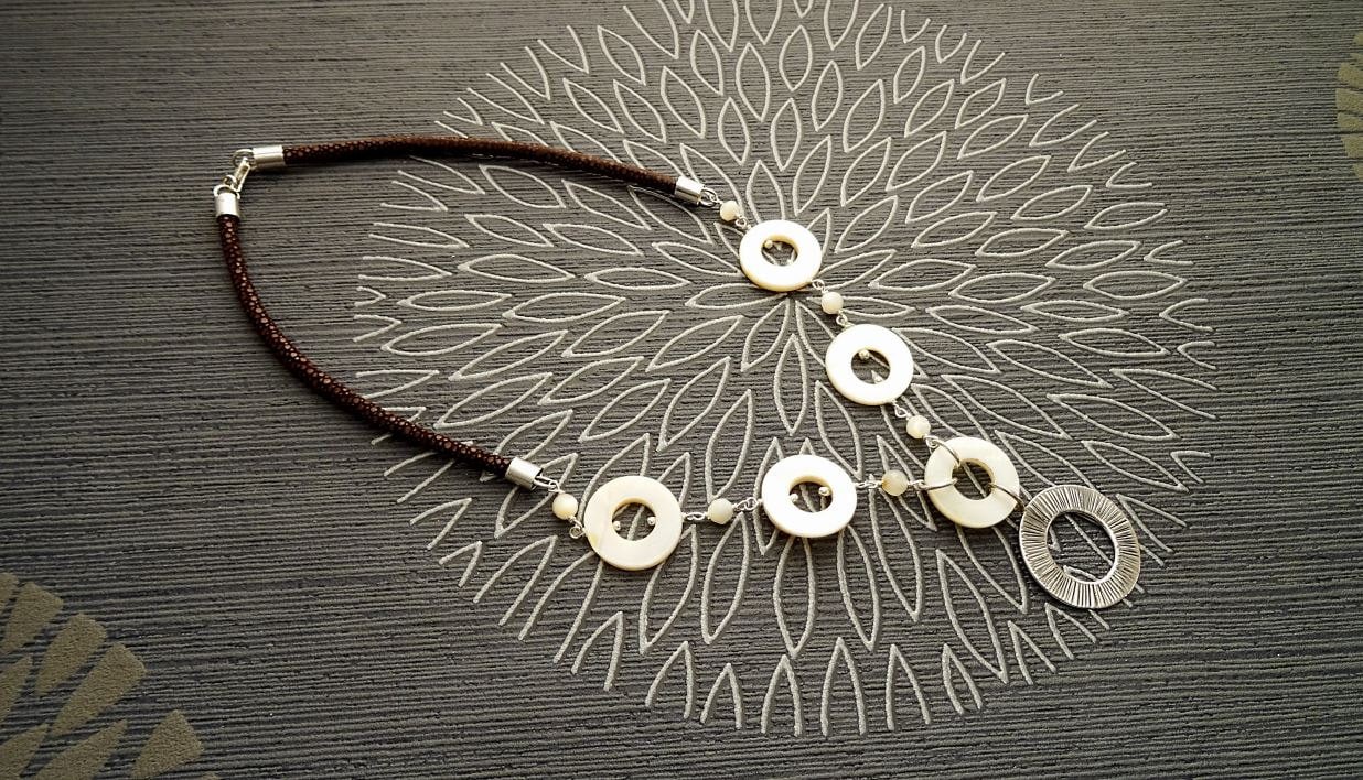 Discs Necklace, Sterling Silver, Round White Mother-of-Pearl Shell Disc, Brown Stingray Leather Jewelry, Unique Modern Round Circle Necklace