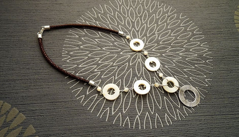 Discs Necklace, Sterling Silver, Round White Mother-of-Pearl Shell Disc, Brown Stingray Leather Jewelry, Unique Modern Round Circle Necklace
