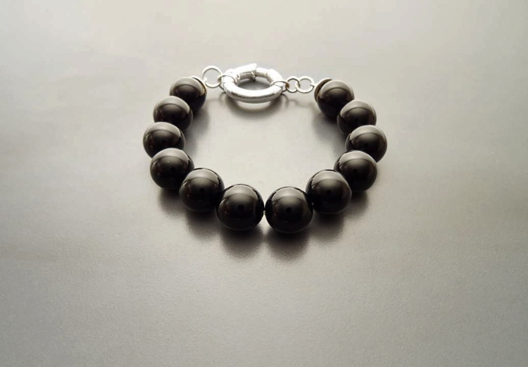 Onyx Stone Bracelet - Black Onyx stones balls Bracelet - 10mm ball Beads - Sterling Silver - Spring Ring Clasp - Gemstone Beaded Bracelet