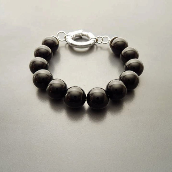Onyx Stone Bracelet - Black Onyx stones balls Bracelet - 10mm ball Beads - Sterling Silver - Spring Ring Clasp - Gemstone Beaded Bracelet