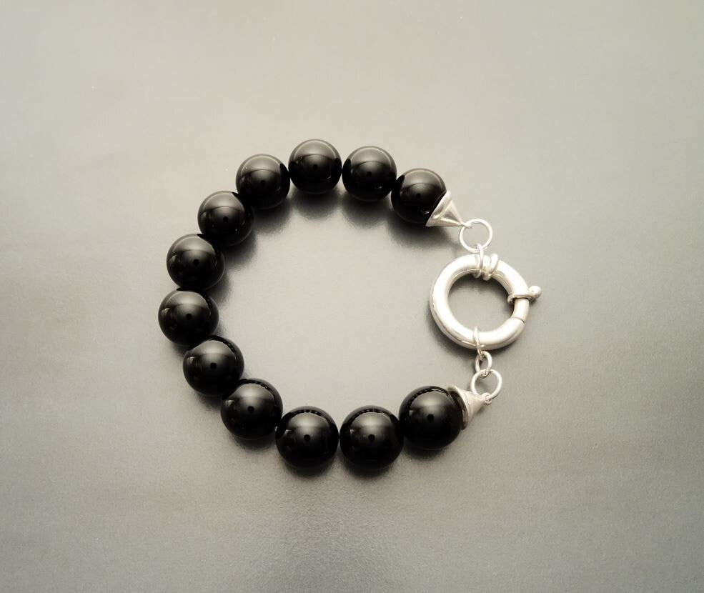 Onyx Stone Bracelet - Black Onyx stones balls Bracelet - 10mm ball Beads - Sterling Silver - Spring Ring Clasp - Gemstone Beaded Bracelet